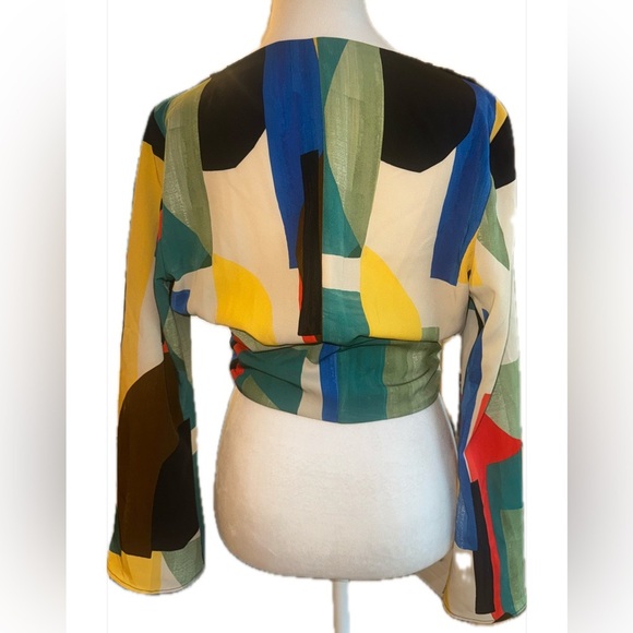 Zara Multicolor Flowy Neckline Crop Bell Sleeve Printed Blouse S - Picture 3 of 12